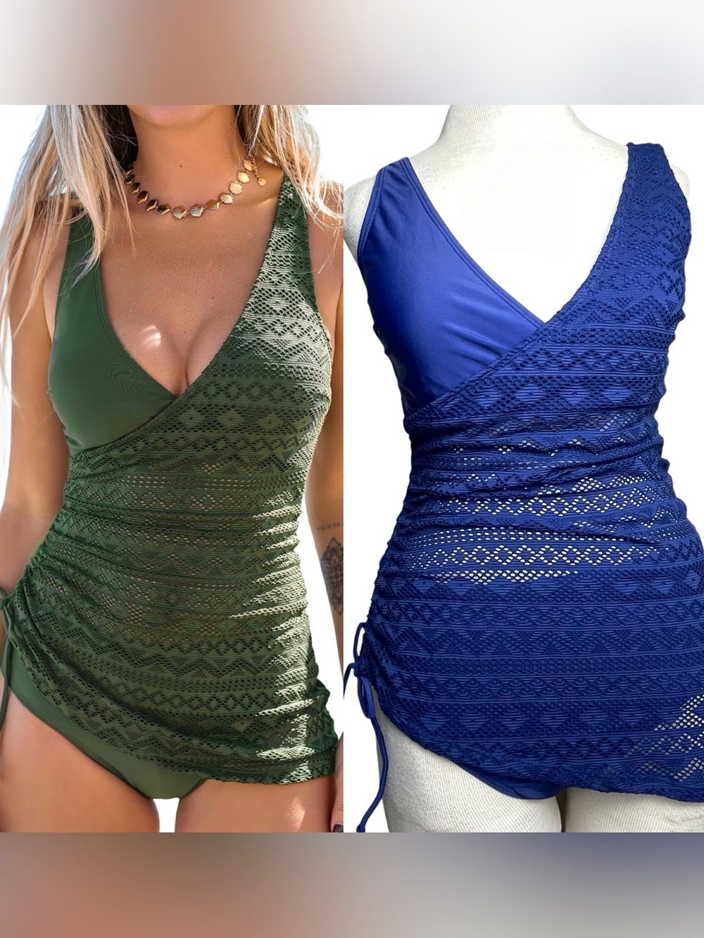 Cupshe Navy Blue Surplice V Neckline w/Lace Overlay Tankini 2Pc Side Ruching